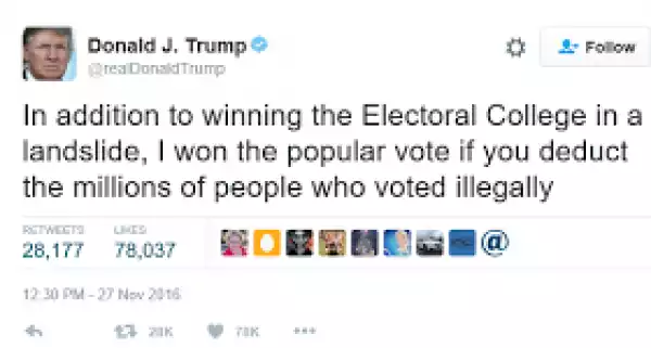Donald Trump says he won the popular vote and that millions voted illegally for Hillary Clinton